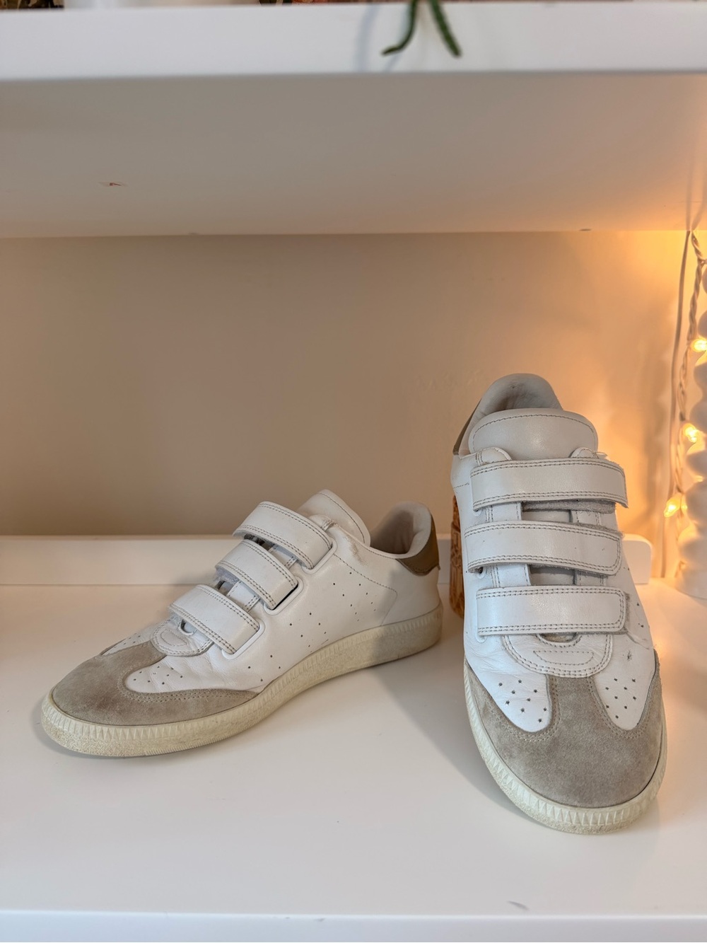 Isabel Marant White and Light Brown Suede Velcro Sneakers